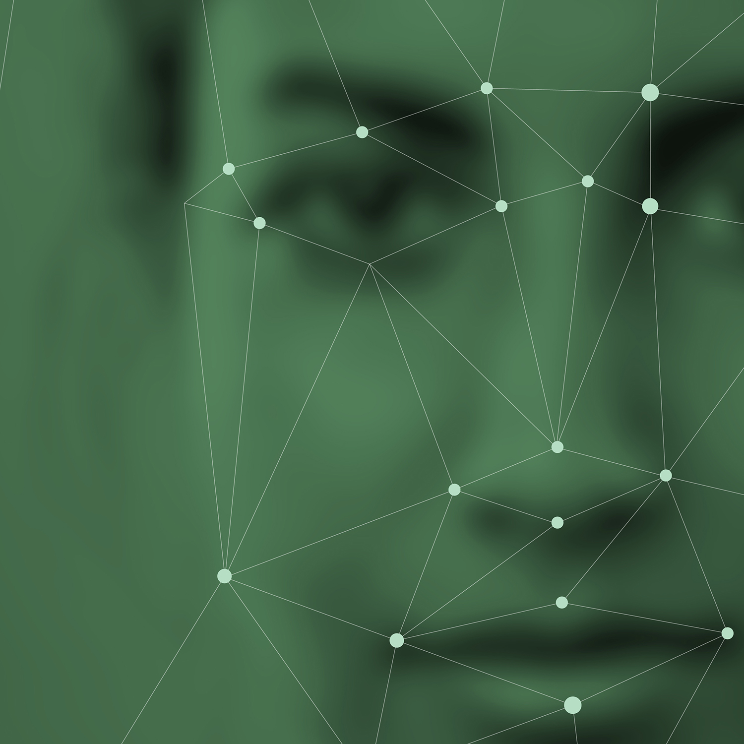 Image in a green motif of transparent digital vectors over a woman's face.