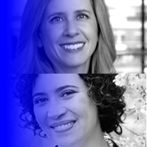 stacked headshots of Michele Gilman and Meredith Broussard with a blue gradient overlay