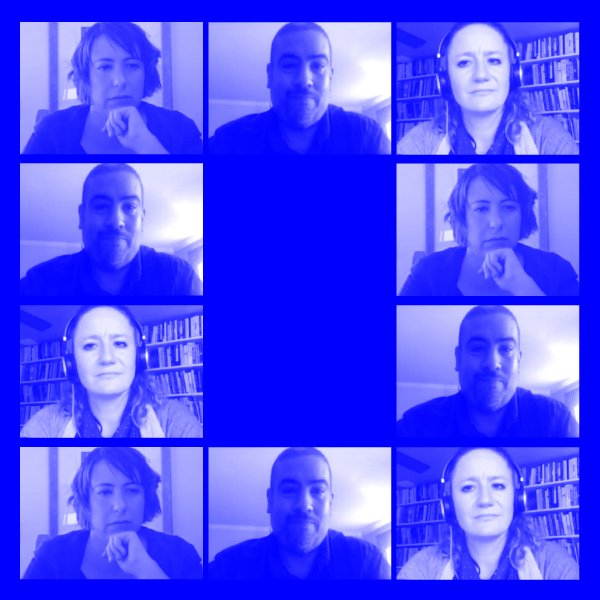 Multiple repeated zoom stills of people listening