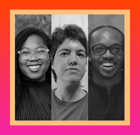 Images of Nia Johnson, Ekene Ijeoma, and Lori Regattieri -- the speakers for Connective (t)Issues public panel -- against a pink and orange background.