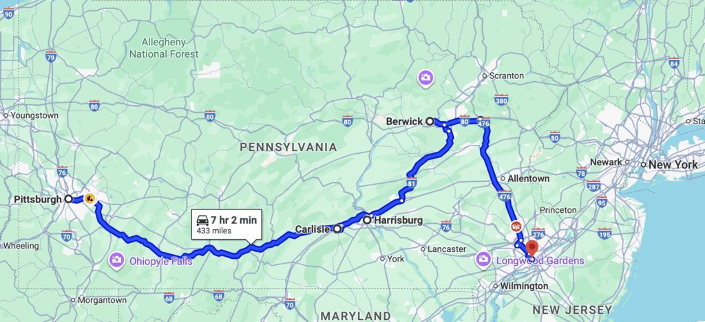 A map of the route we drove during our fieldwork in Pennsylvania. 
