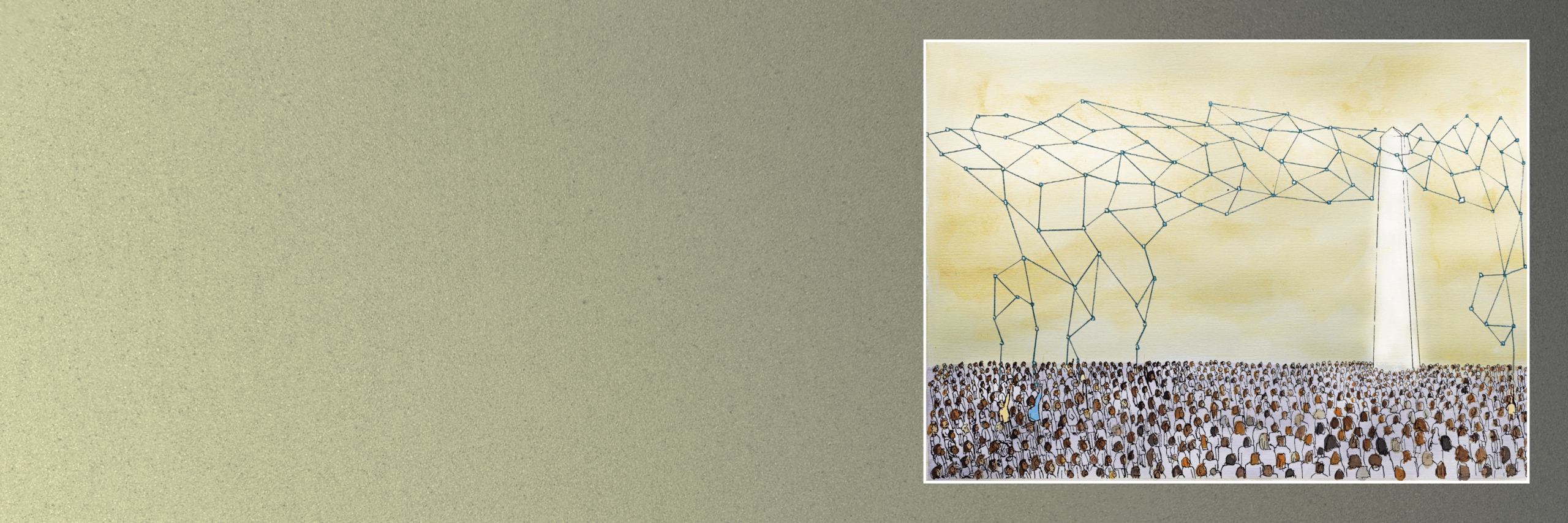 A neural network comes out of the top of an ivory tower, above a crowd of people's heads. Some of them are reaching up to try and take some control and pull the net down to them. Watercolor illustration.